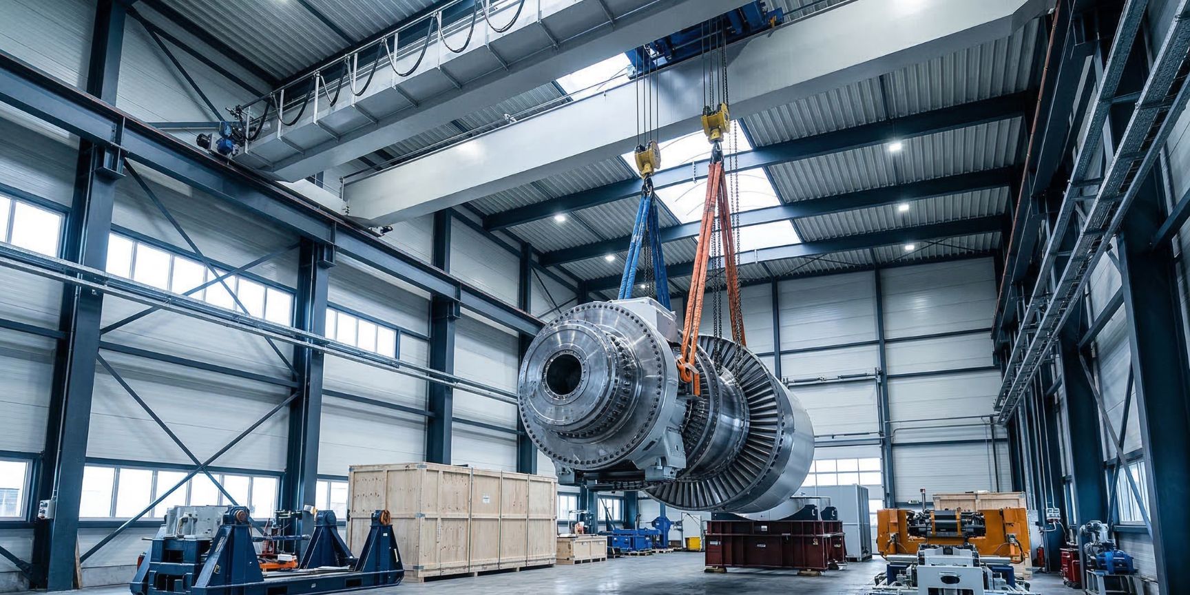 Double-girder overhead crane in a logistics hall lifts a solid metal component, steel structure, hall statics for heavy loads, contract logistics.